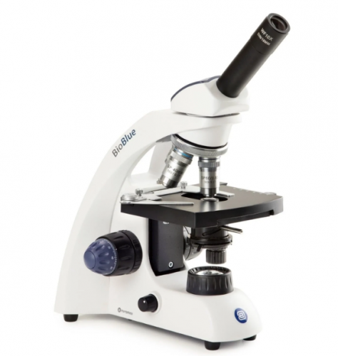 Microscopio compuesto porttil monocular BioBlue con objetivo accionado por resorte y platina mecnica XY