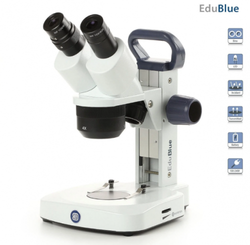 Microscopio estreo porttil binocular EduBlue en soporte de pista de pin y cremallera