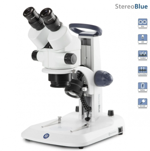 Microscopio binocular StereoBlue para laboratorio y educacin superior con zoom estreo en soporte de riel de pin y cremallera
